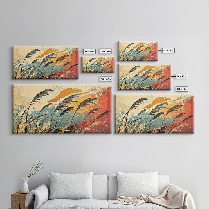 Windblown Reeds In Teal And Rust Wall Art, Japanese Inspired Abstract Landscape, Boho Living Room Decor, Large Canvas Print
