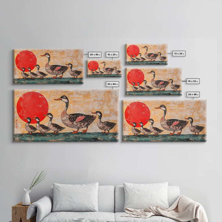 Mallard Duck Family With Red Sun Wall Art, Japanese Bird Art Print, Whimsical Animal Decor, Nursery Or Kitchen Canvas Print