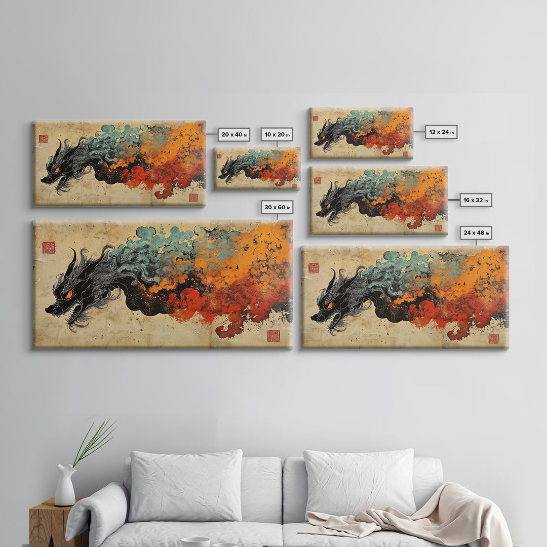 Black Dragon With Fiery Smoke Wall Art, Japanese Fantasy Art Print, Dark Mythical Decor, Dramatic Gaming Room Canvas Print