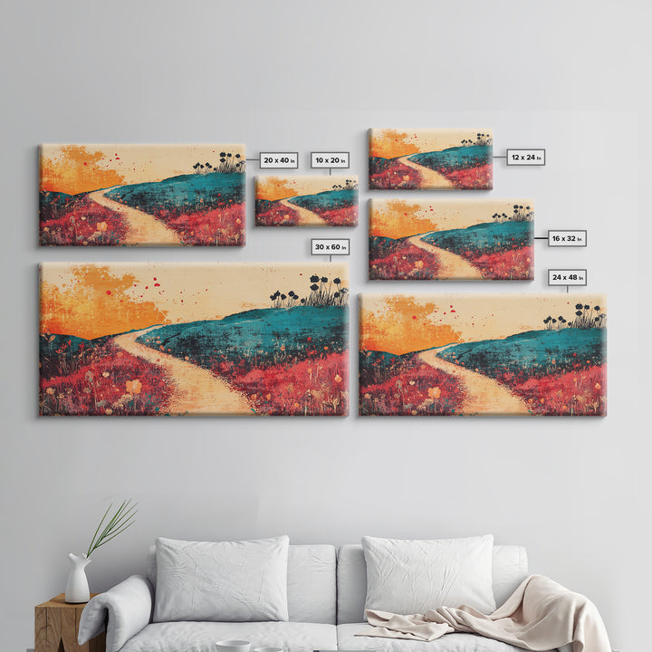 Sunlit Path Through Teal Hills Wall Art, Abstract Landscape Print, Colorful Wildflower Decor, Boho Living Room Canvas Print