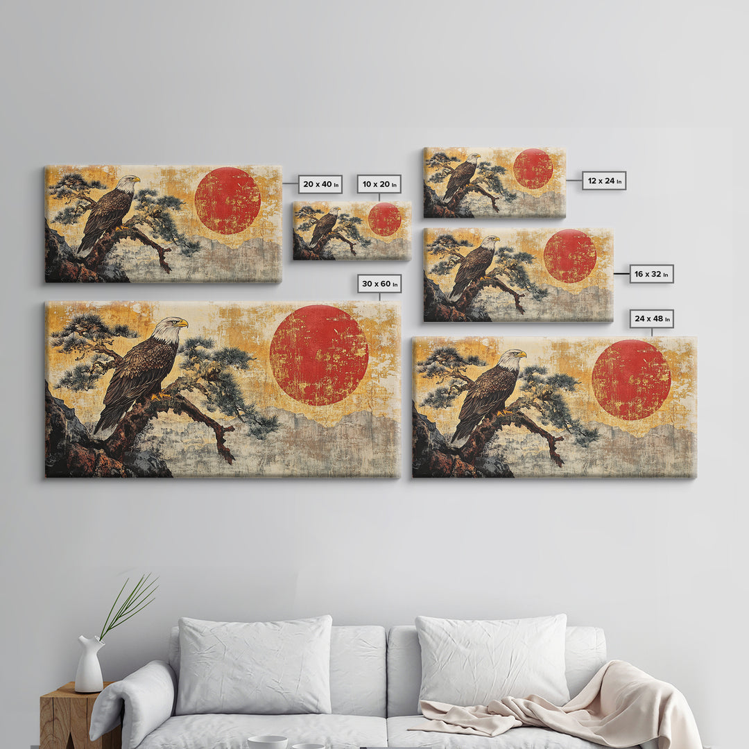 Bald Eagle On Pine Branch Wall Art, Japanese Wildlife Art Print, Rustic Nature Decor, Patriotic Living Room Canvas Print