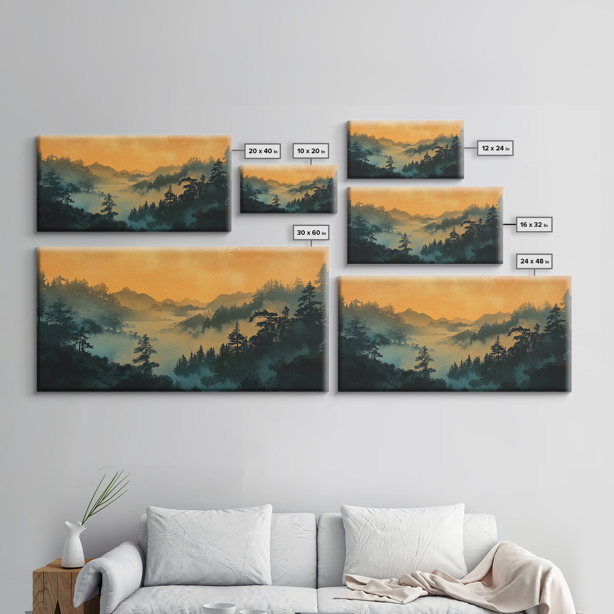 Misty Mountain Forest At Sunrise Wall Art, Japanese Landscape Print, Moody Nature Decor, Serene Bedroom Framed Canvas Print