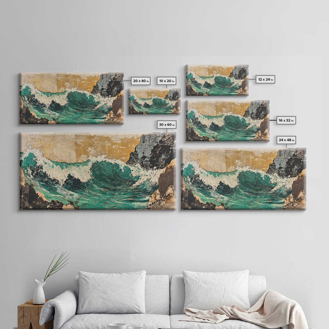Turquoise Ocean Wave Between Cliffs Wall Art, Japanese Seascape Print, Coastal Beach House Decor, Large Framed Canvas Print