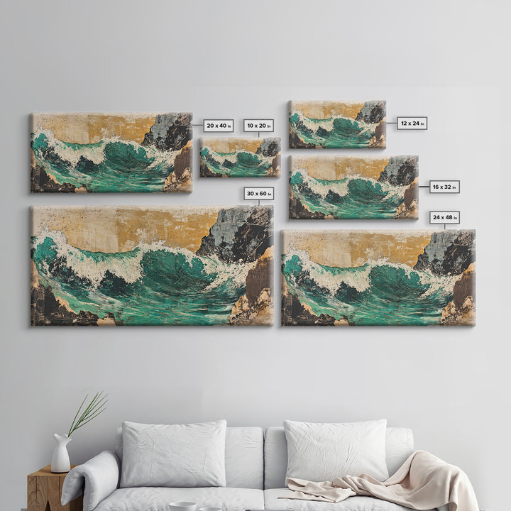 Turquoise Ocean Wave Between Cliffs Wall Art, Japanese Seascape Print, Coastal Beach House Decor, Large Framed Canvas Print