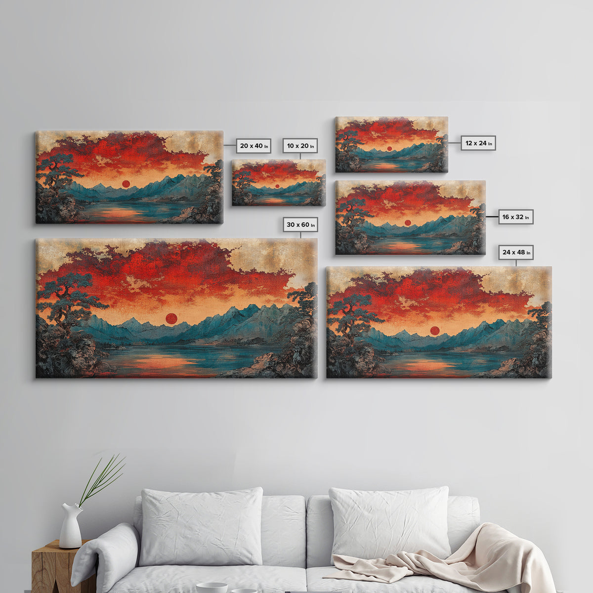 Red Sun Mountain Lake Wall Art, Japanese Landscape Print, Moody Sunset Canvas, Asian Inspired Living Room Home Decor
