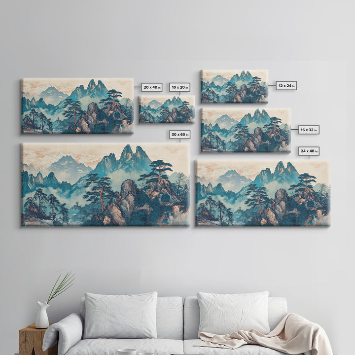 Misty Mountain Pine Wall Art, Japanese Landscape Print, Blue Green Nature Canvas, Zen Living Room Decor Home Decor Office Decor
