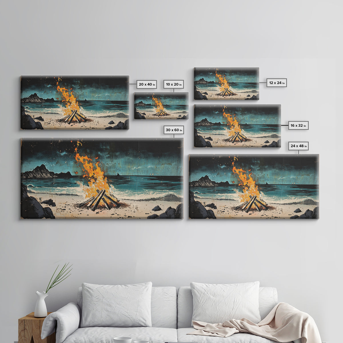 Beach Bonfire Wall Art, Coastal Campfire Canvas Print, Ocean Night Seascape, Rustic Cabin Decor, Man Cave Decor Home Decor Gift