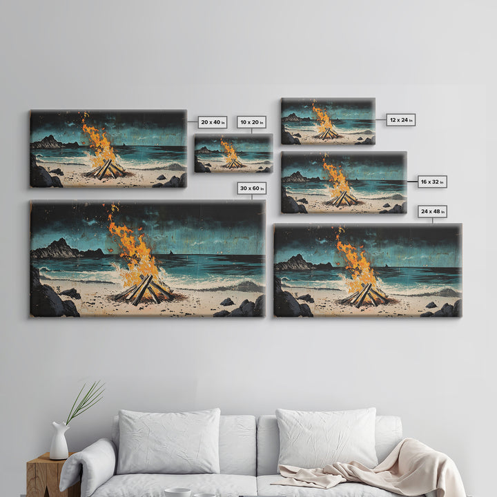 Beach Bonfire Wall Art, Coastal Campfire Canvas Print, Ocean Night Seascape, Rustic Cabin Decor, Man Cave Decor Home Decor Gift