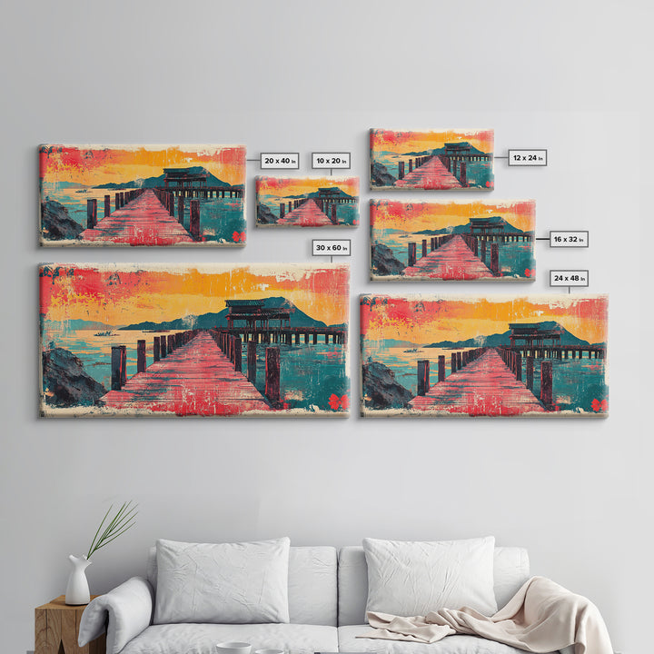 Red Pier Sunset Wall Art, Japanese Coastal Landscape Print, Teal Ocean Canvas, Asian Inspired Home Decor For Living Room