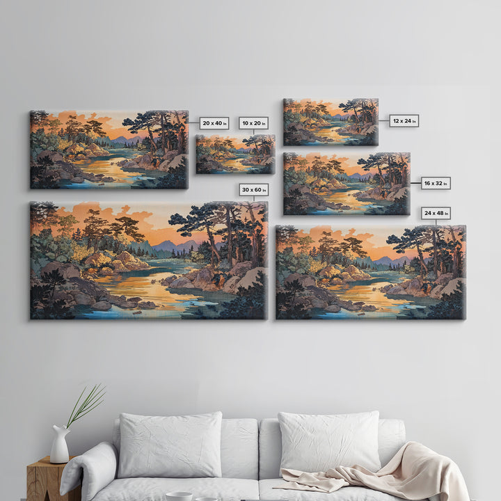 Golden River Forest Wall Art, Japanese Landscape Print, Pine Woodland Canvas, Nature Inspired Living Room Home Decor Gift