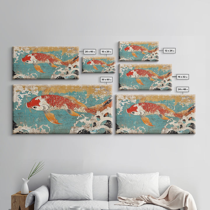 Red Koi Fish In Turquoise Waves Canvas Print, Japanese Wall Art, Coastal Decor, Nautical Home Decor, Large Living Room Art
