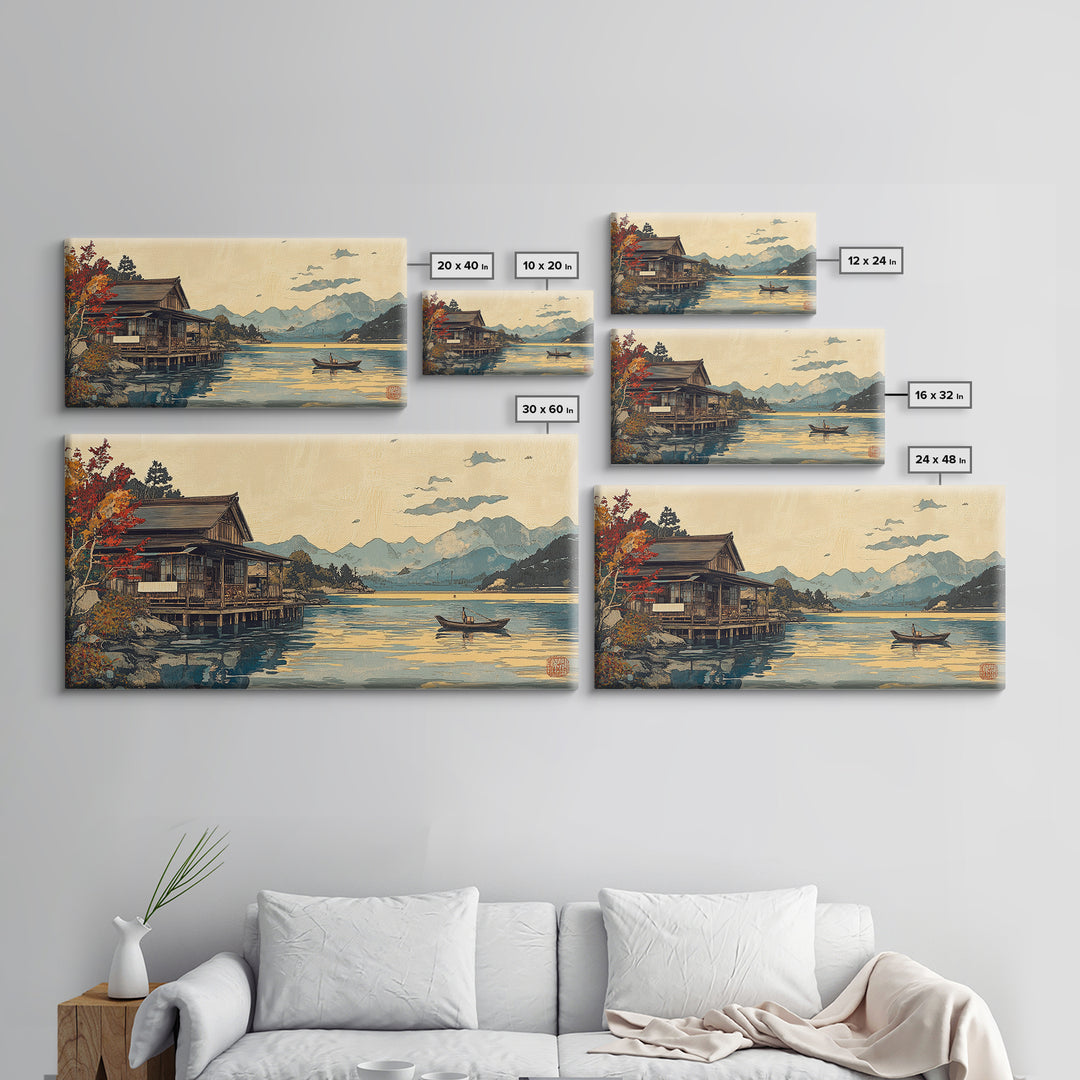 Japanese Lakeside Cabin With Boat Framed Canvas Print, Mountain Landscape Wall Art, Japandi Decor, Serene Living Room Decor