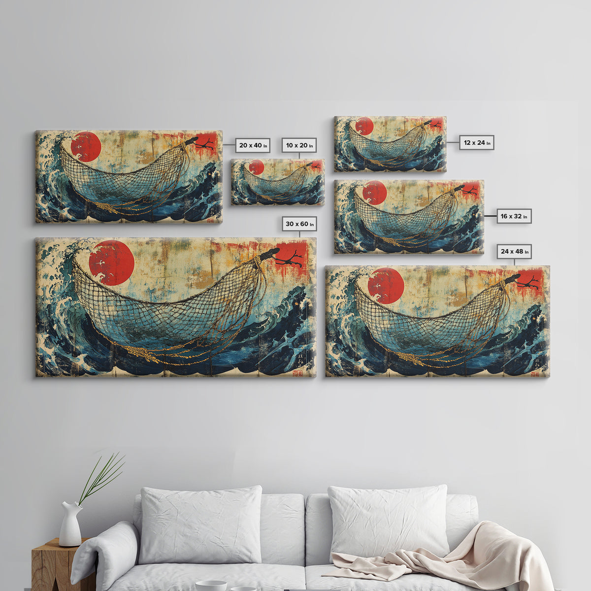 Fishing Net Over Stormy Blue Waves Canvas Print, Japanese Seascape Wall Art, Nautical Decor, Coastal Living Room Art
