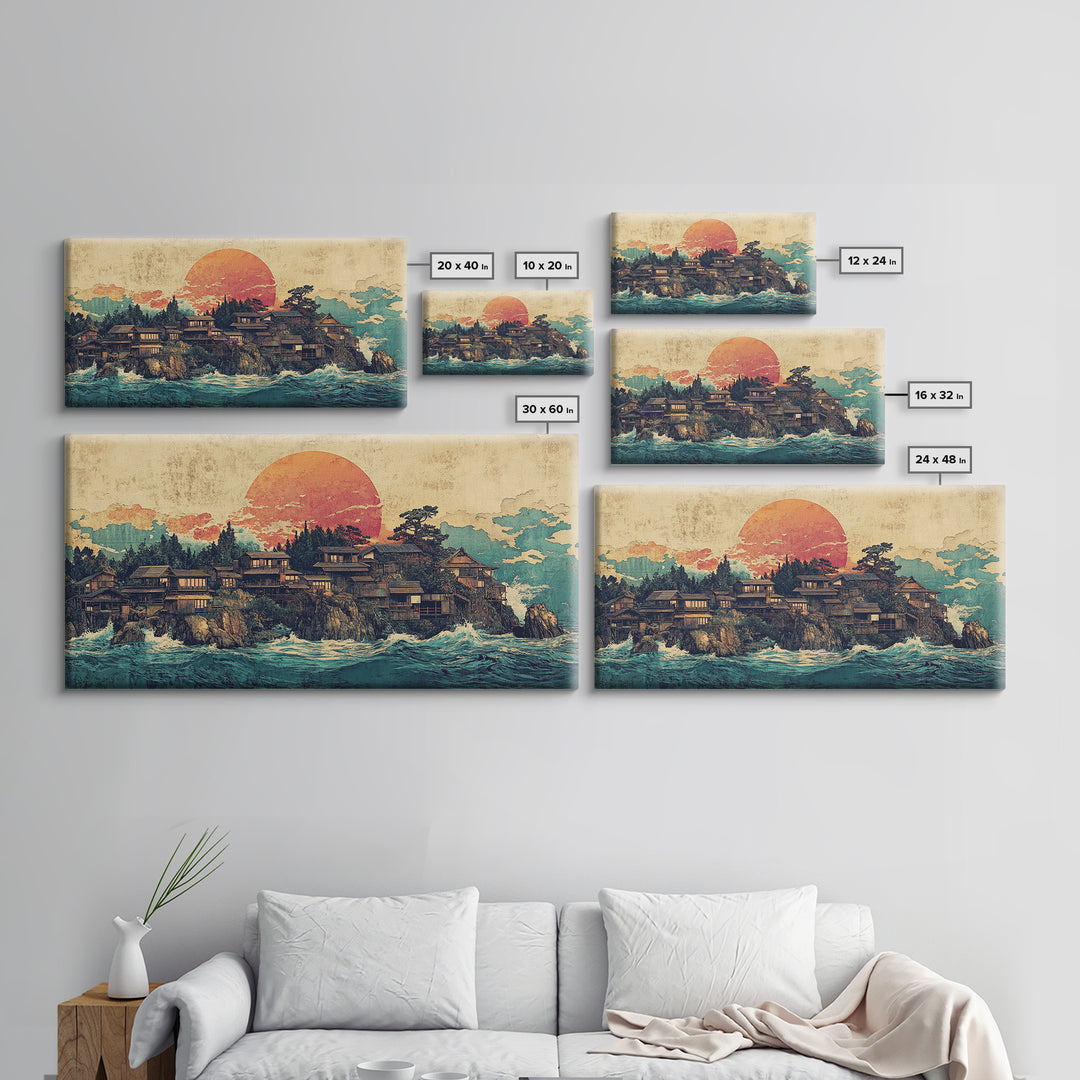 Japanese Coastal Village At Sunset Canvas Print, Ocean Wall Art, Seascape Decor, Japandi Living Room Wall Decor Gift
