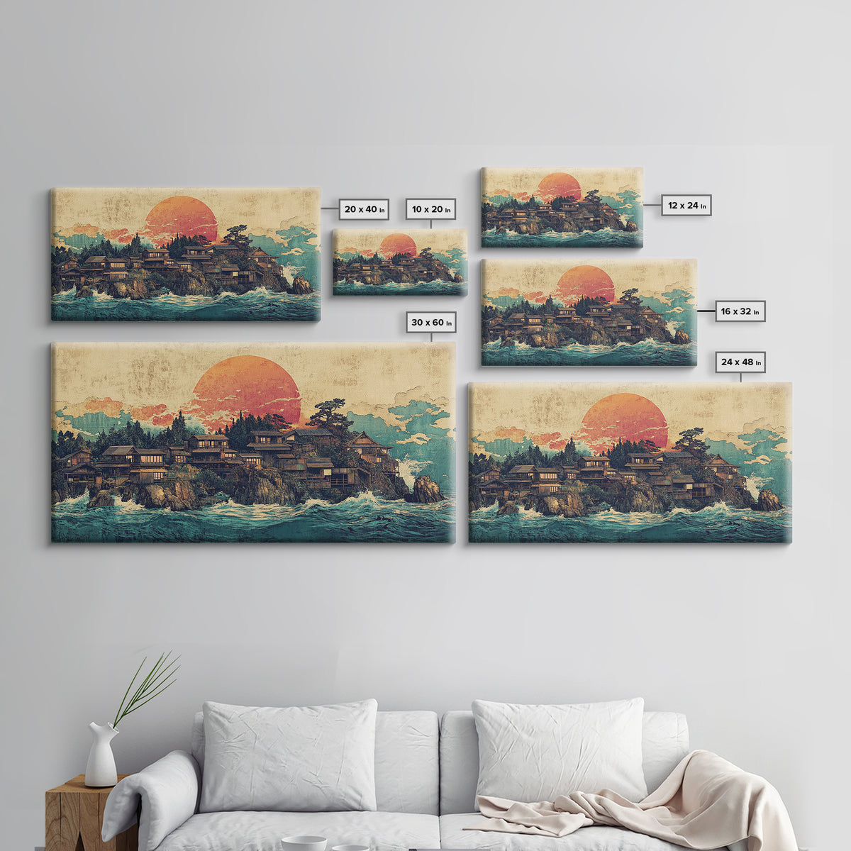 Japanese Coastal Village At Sunset Canvas Print, Ocean Wall Art, Seascape Decor, Japandi Living Room Wall Decor Gift