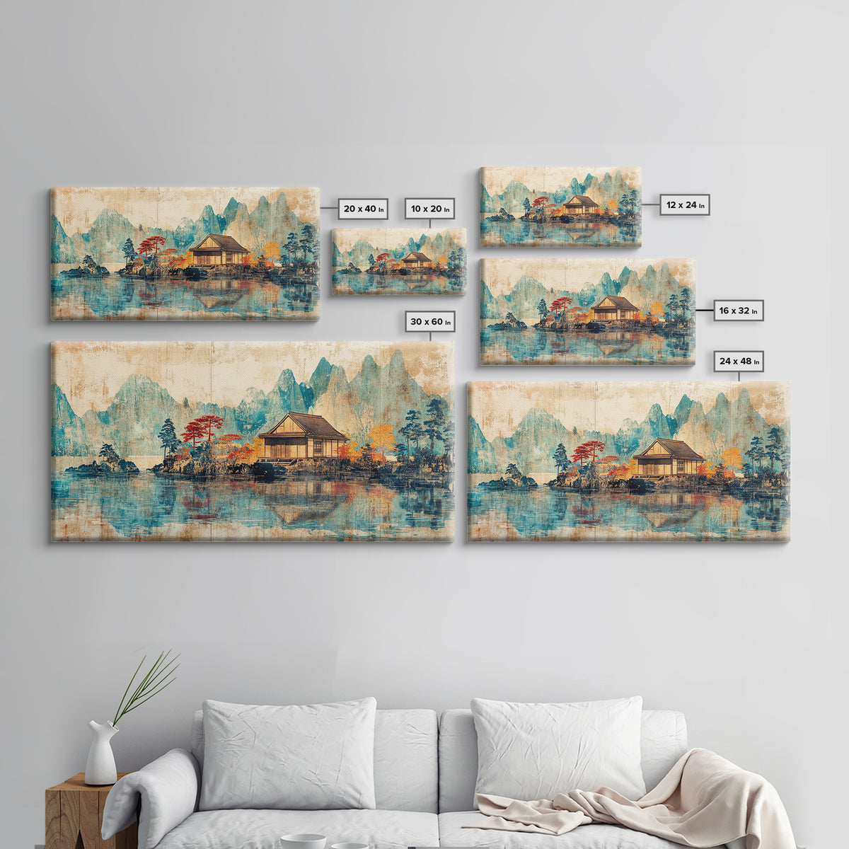 Quiet Lake House With Misty Mountains Framed Canvas Print, Japanese Landscape Wall Art, Japandi Decor, Serene Home Decor