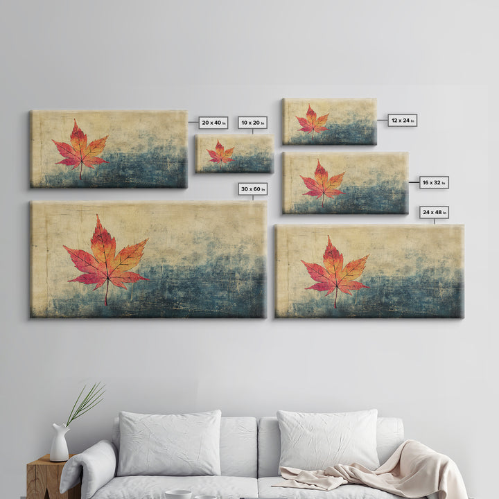 Red Maple Leaf On Textured Blue Background Canvas Print, Japanese Botanical Wall Art, Autumn Decor, Minimalist Nature Print