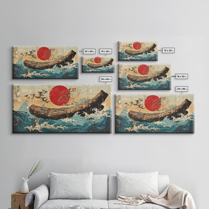 Driftwood Log In Blue Ocean Waves Canvas Print, Japanese Nautical Wall Art, Rustic Coastal Decor, Modern Seascape Art Print