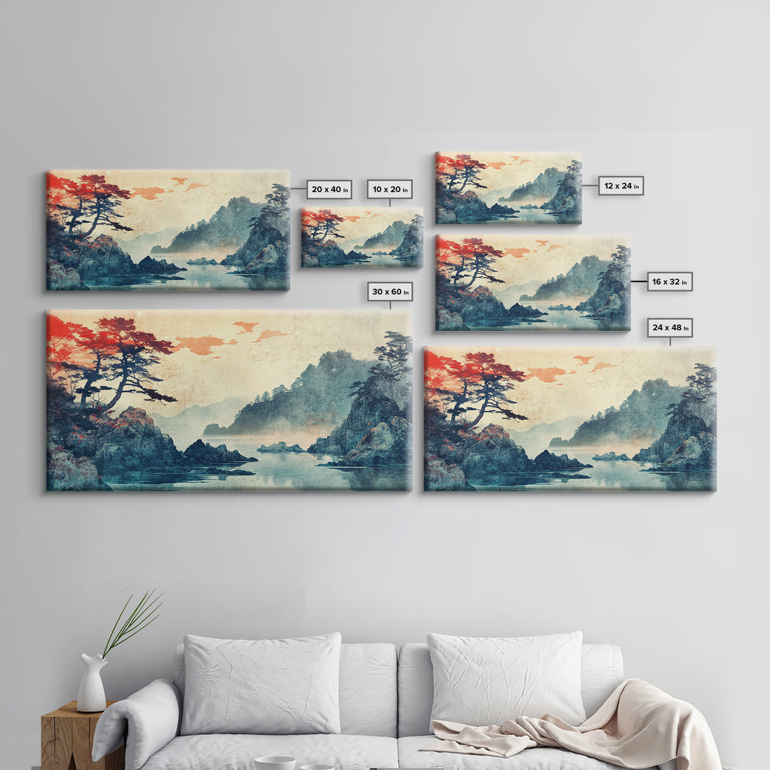 Misty Japanese Cove With Pines Canvas Print, Mountain Lake Landscape Wall Art, Serene Japandi Decor, Large Living Room Art
