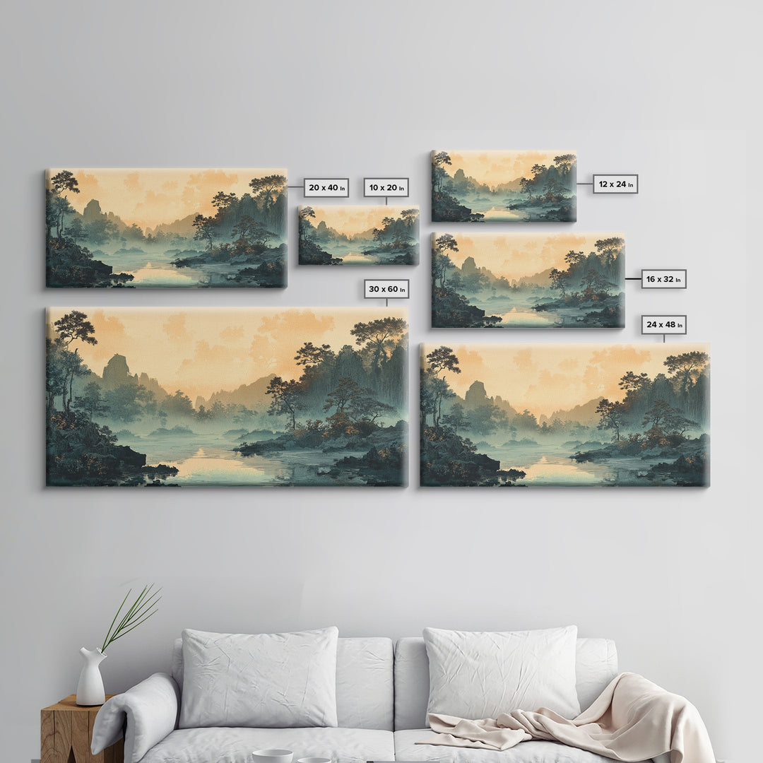 Misty River Valley Sunrise Wall Art, Japanese Landscape Print, Zen Home Decor, Panoramic Canvas For Living Room, Nature Wall Decor Gift