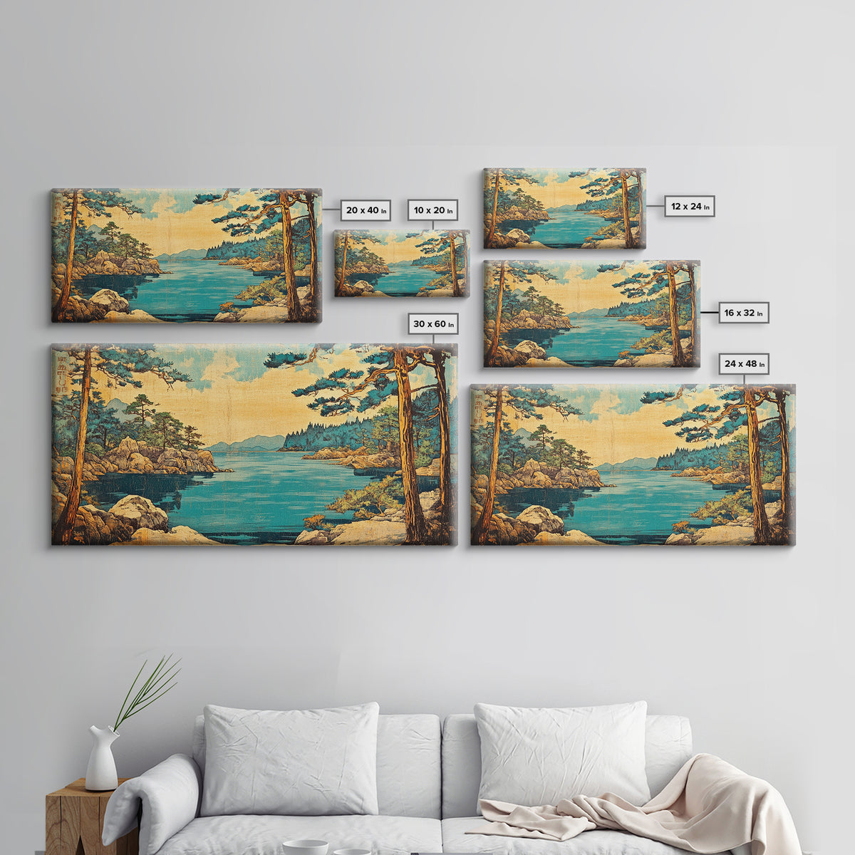 Rocky Pine Coast And Blue Lake Framed Canvas Print, Japanese Landscape Wall Art, Coastal Nature Decor For Living Room, Beach House Gift