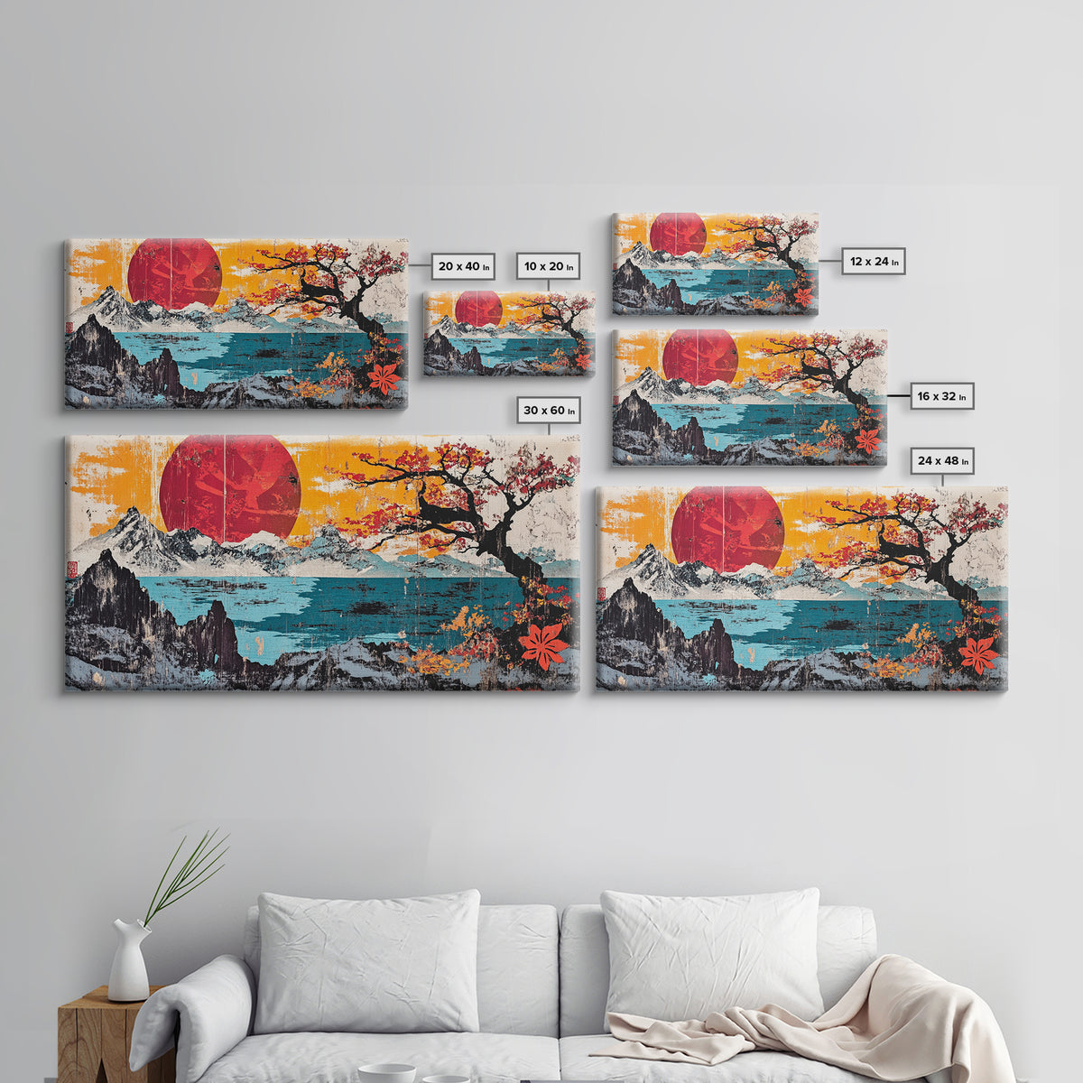 Red Sun Snowy Mountains Wall Art, Japanese Cherry Blossom Seascape Print, Bold Asian Home Decor, Large Canvas For Living Room