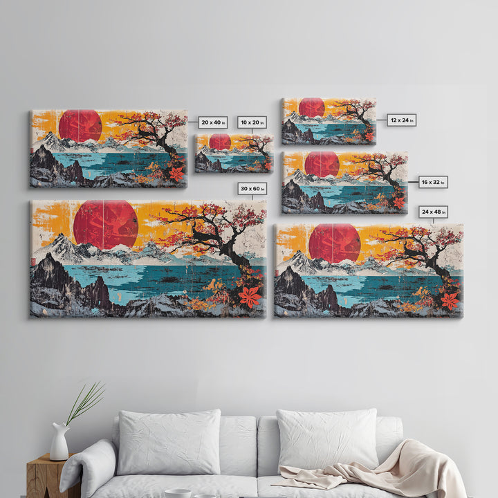 Red Sun Snowy Mountains Wall Art, Japanese Cherry Blossom Seascape Print, Bold Asian Home Decor, Large Canvas For Living Room
