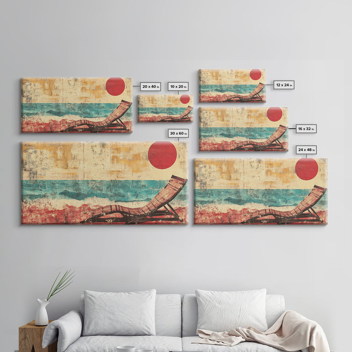 Red Sun Beach Chair Canvas Print, Coastal Wall Art, Ocean Waves Poster, Summer Beach House Decor For Bedroom And Living Room