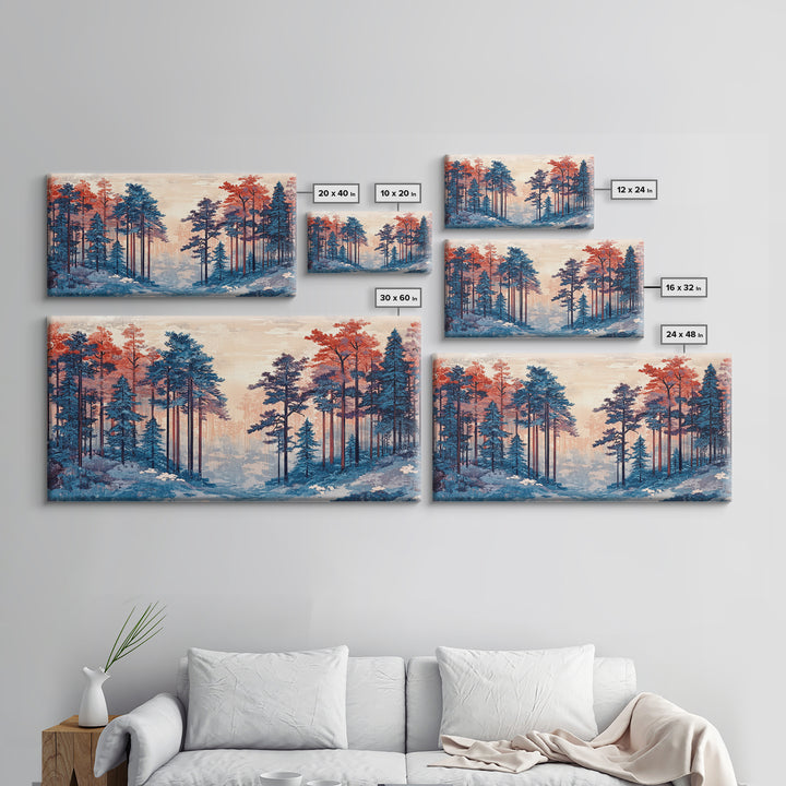 Misty Blue Pine Forest With Coral Autumn Trees Wall Art, Nature Landscape Print, Scandinavian Decor, Cozy Bedroom Wall Decor