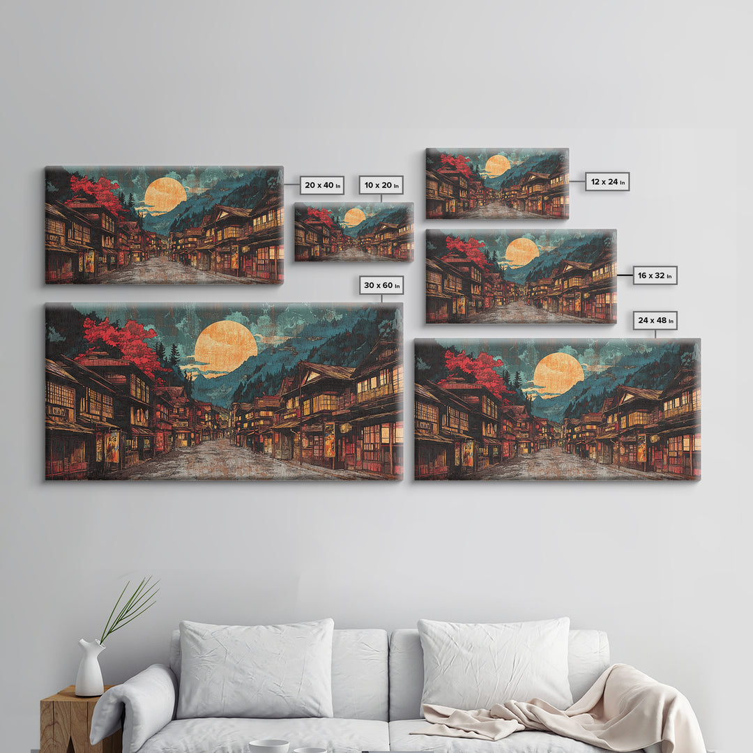 Moonlit Japanese Village Street With Red Maple Trees Framed Canvas Print, Japandi Wall Art, Moody Living Room Wall Decor