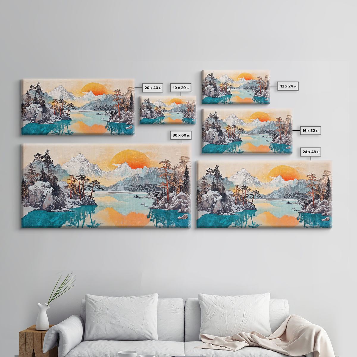 Serene Alpine Lake With Snowy Peaks And Orange Sun Framed Canvas Print, Mountain Wall Art, Japandi Nature Living Room Home Decor