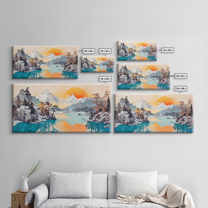 Serene Alpine Lake With Snowy Peaks And Orange Sun Framed Canvas Print, Mountain Wall Art, Japandi Nature Living Room Home Decor
