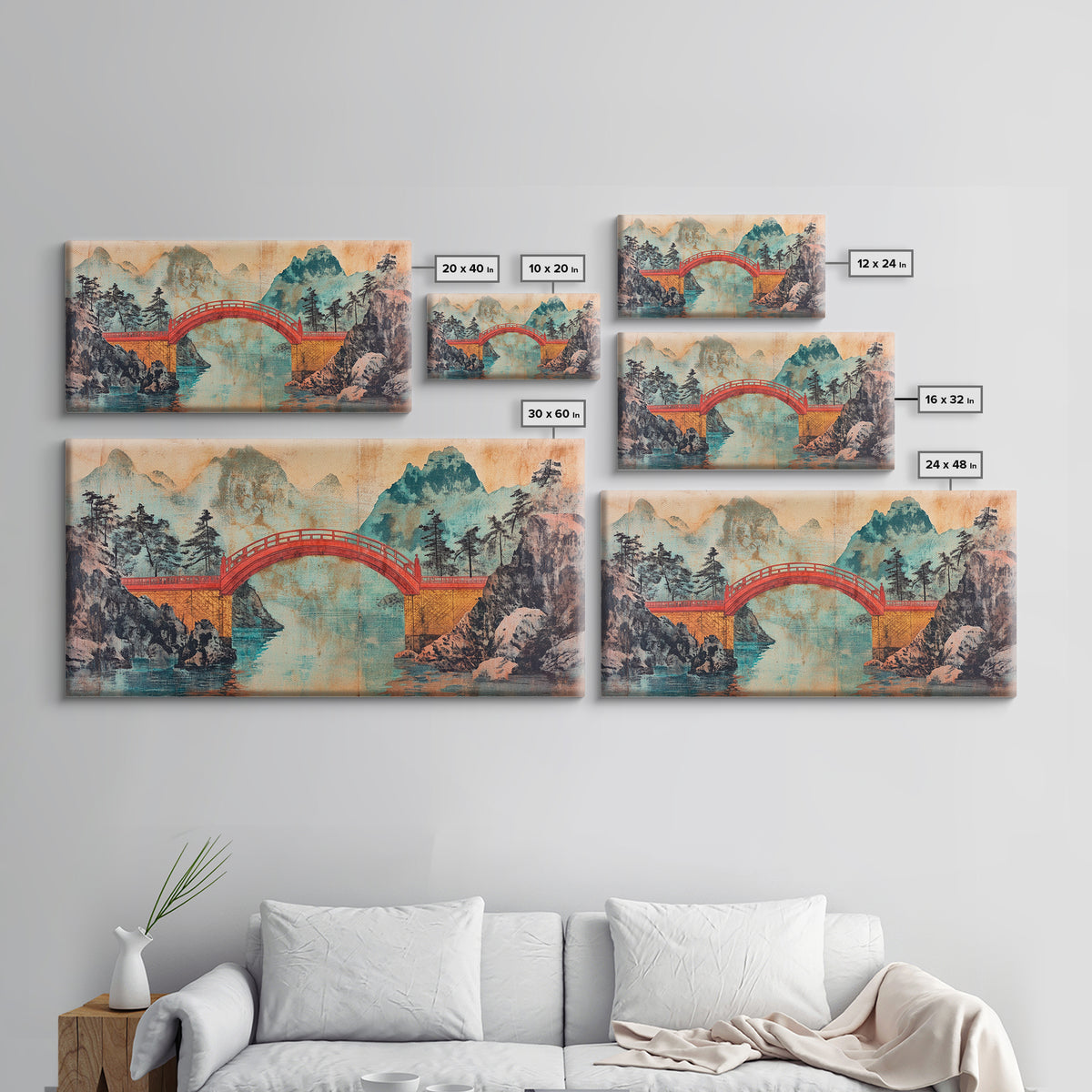 Red Arch Bridge Mountain Lake Canvas Print, Japanese Wall Art, Serene Landscape Art, Zen Home Decor, Living Room Wall Decor