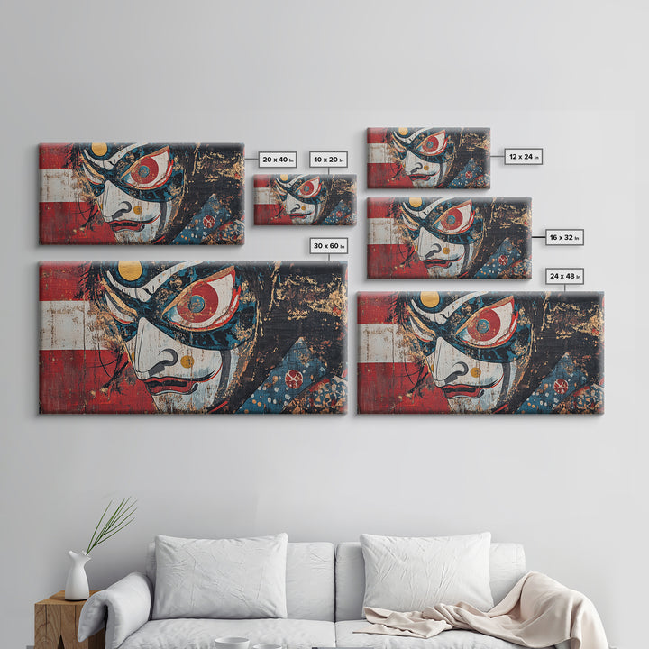 Kabuki Mask Theater Face Framed Canvas Print, Japanese Wall Art, Dramatic Wall Decor, Asian Inspired Art, Statement Artwork