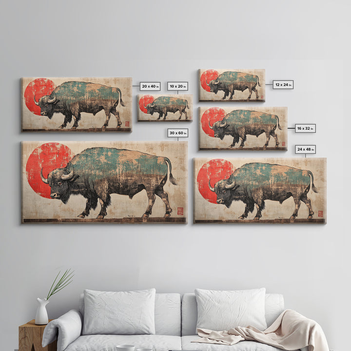 Walking Bison Red Sun Canvas Print, Western Wall Art, Buffalo Art Print, Rustic Home Decor, Masculine Office Wall Decor, Gift For Him