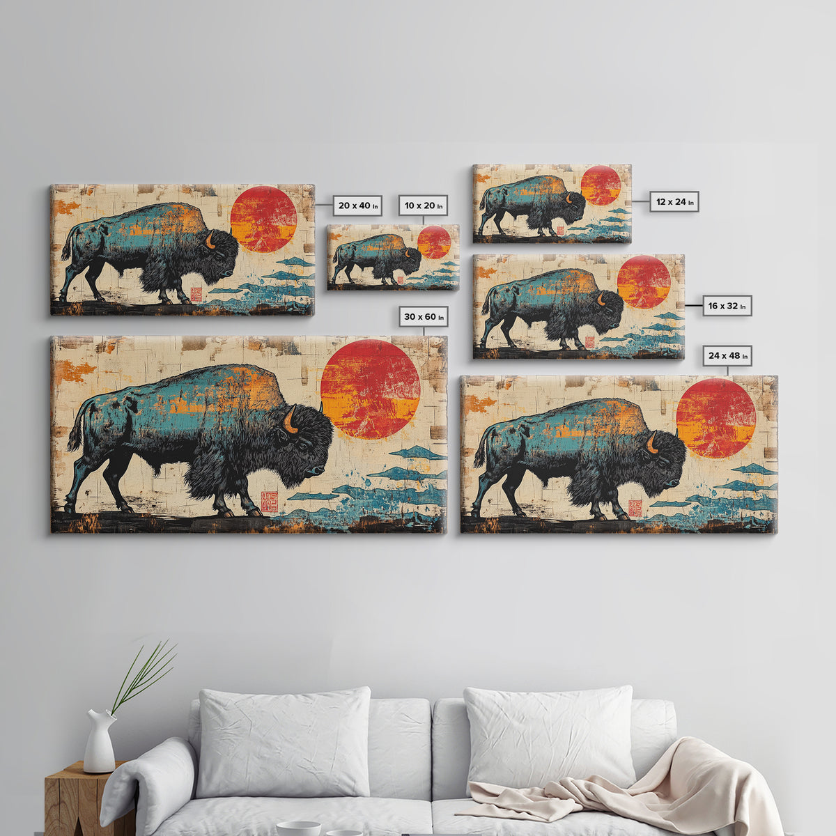 Textured Bison Red Sun Framed Canvas Print, Western Wall Art, Buffalo Wall Decor, Rustic Farmhouse Decor, Gift For Him, Office Decor
