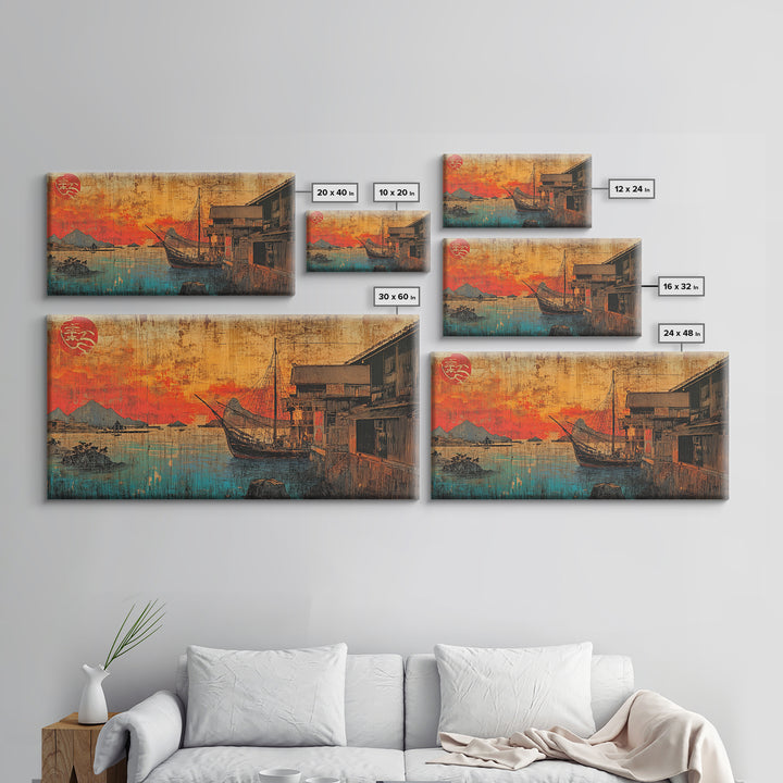 Sunset Harbor Boat Village Canvas Print, Japanese Coastal Wall Art, Nautical Decor, Travel Poster, Living Room Wall Decor