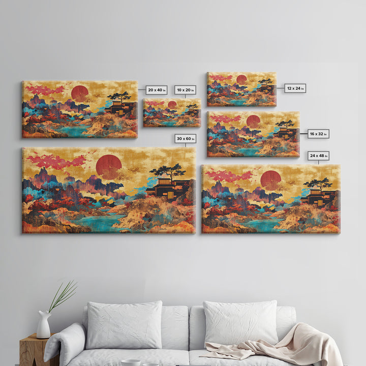 Red Sun Mountain River Wall Art, Japanese Landscape Canvas, Asian Inspired Decor, Panoramic Print, Living Room Decor, Modern Home Decor