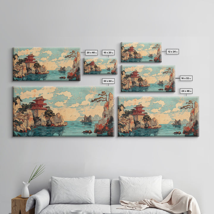 Clifftop Pagoda Ocean Canvas Print, Japanese Coastal Landscape Wall Decor, Asian Inspired Art, Travel Poster, Home Decor Art Print