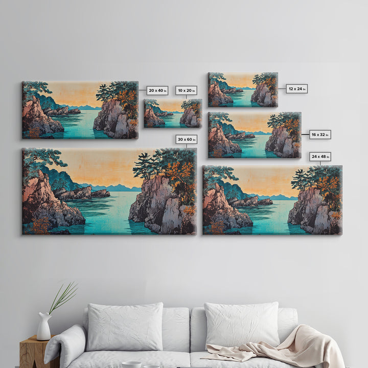 Rocky Pine Sea Inlet Framed Canvas Print, Japanese Coastal Wall Art, Autumn Landscape, Modern Living Room Decor, Home Decor