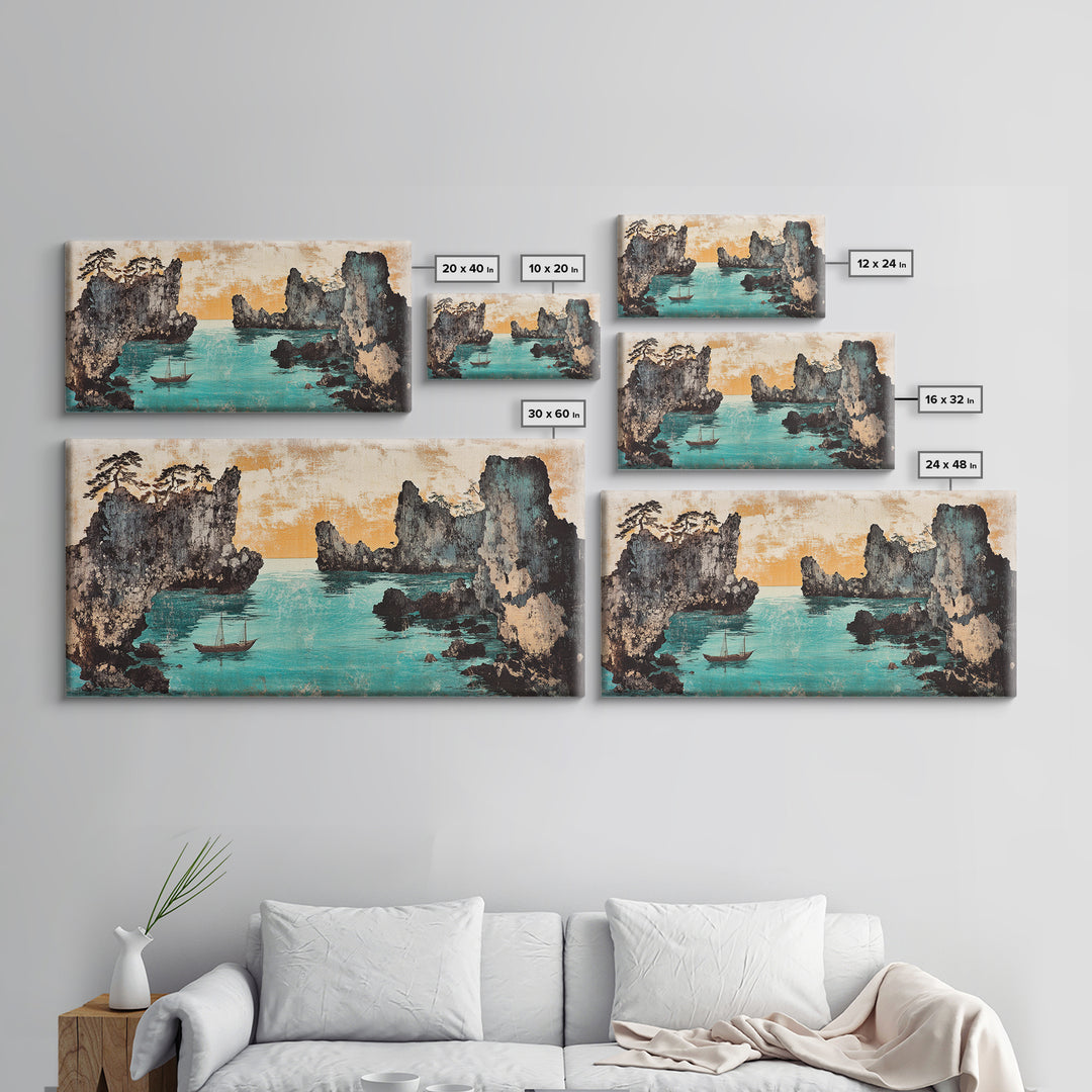 Turquoise Cove And Sailboat Wall Art, Japanese Seascape Print, Coastal Wall Decor, Panoramic Canvas Home Decor, Living Room Decor