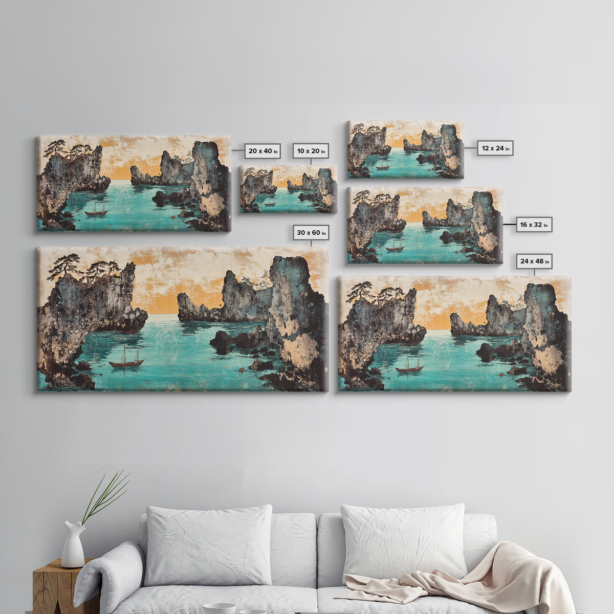 Turquoise Cove And Sailboat Wall Art, Japanese Seascape Print, Coastal Wall Decor, Panoramic Canvas Home Decor, Living Room Decor