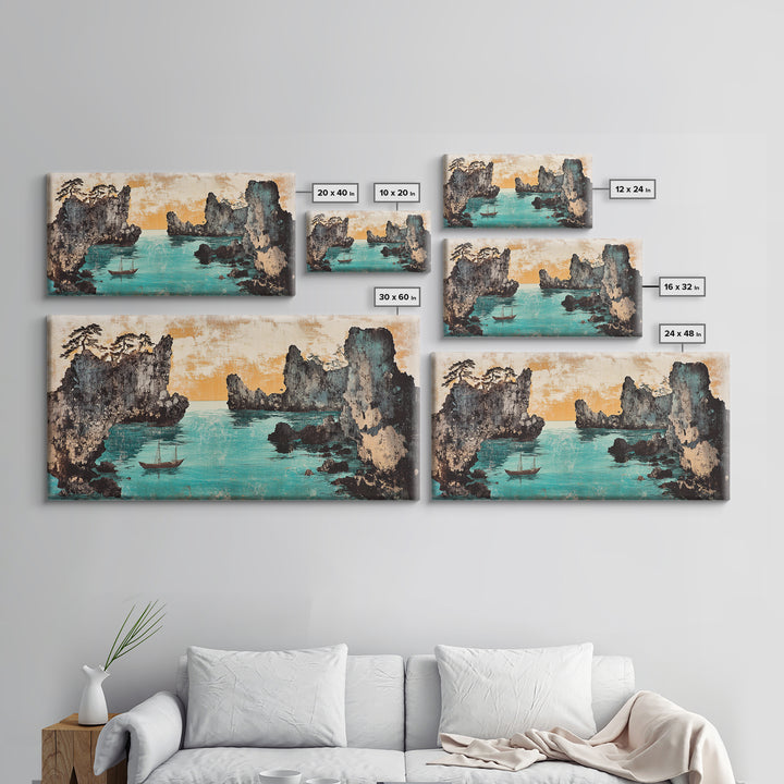 Turquoise Cove And Sailboat Wall Art, Japanese Seascape Print, Coastal Wall Decor, Panoramic Canvas Home Decor, Living Room Decor