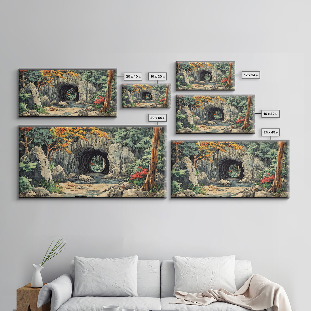 Stone Moon Gate Garden Canvas Print, Japanese Forest Stream Wall Art, Zen Home Decor, Japandi Living Room Wall Decor Art Print