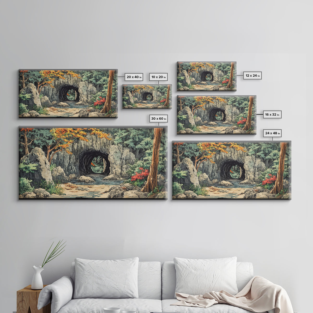 Stone Moon Gate Garden Canvas Print, Japanese Forest Stream Wall Art, Zen Home Decor, Japandi Living Room Wall Decor Art Print