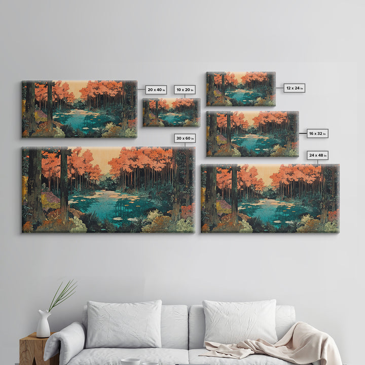 Autumn Forest Pond Canvas Print, Orange Trees And Lily Pads Wall Art, Japandi Nature Decor, Cozy Living Room Decor, Home Decor