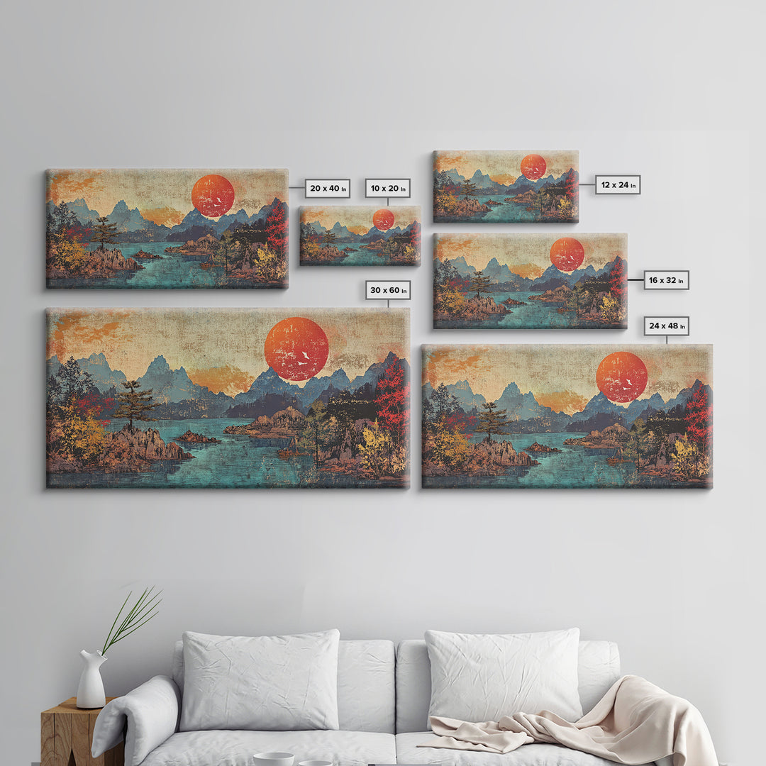 Red Sun Mountain Lake Wall Art, Japanese Landscape Print, Panoramic Canvas, Moody Nature Decor, Living Room Decor, Home Decor