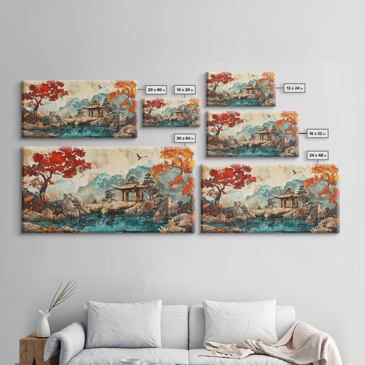 Red Maple Lake Pavilion Framed Canvas Print, Japanese Garden Wall Art, Asian Landscape Decor, Living Room Wall Decor Art Print