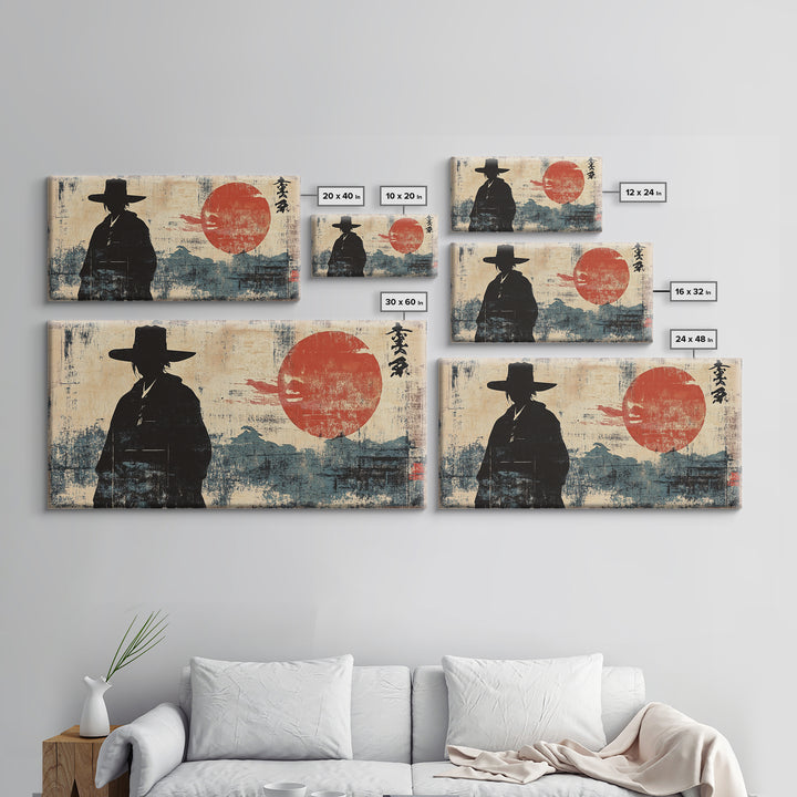 Samurai Silhouette Red Sun Wall Art, Japanese Warrior Print, Asian Inspired Decor, Masculine Office Wall Decor, Home Decor
