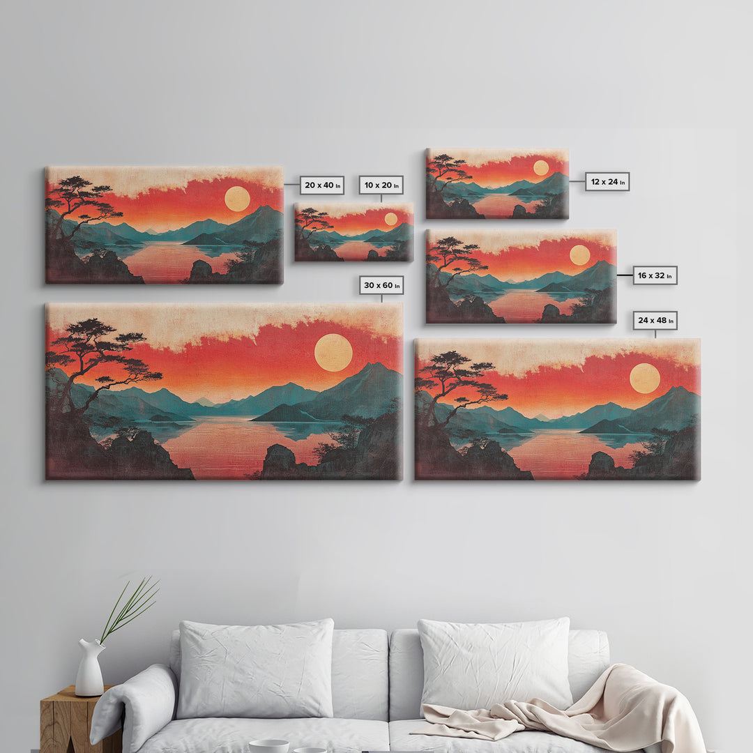 Crimson Sunset Mountain Lake Canvas Print, Japanese Landscape Wall Art, Red Sky Decor, Panoramic Living Room Decor, Home Decor